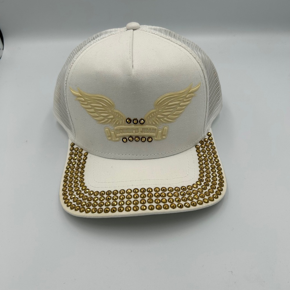 Robins Jean Trucker Hat Mens OSFM White Gold Studded Wing Logo Snapback